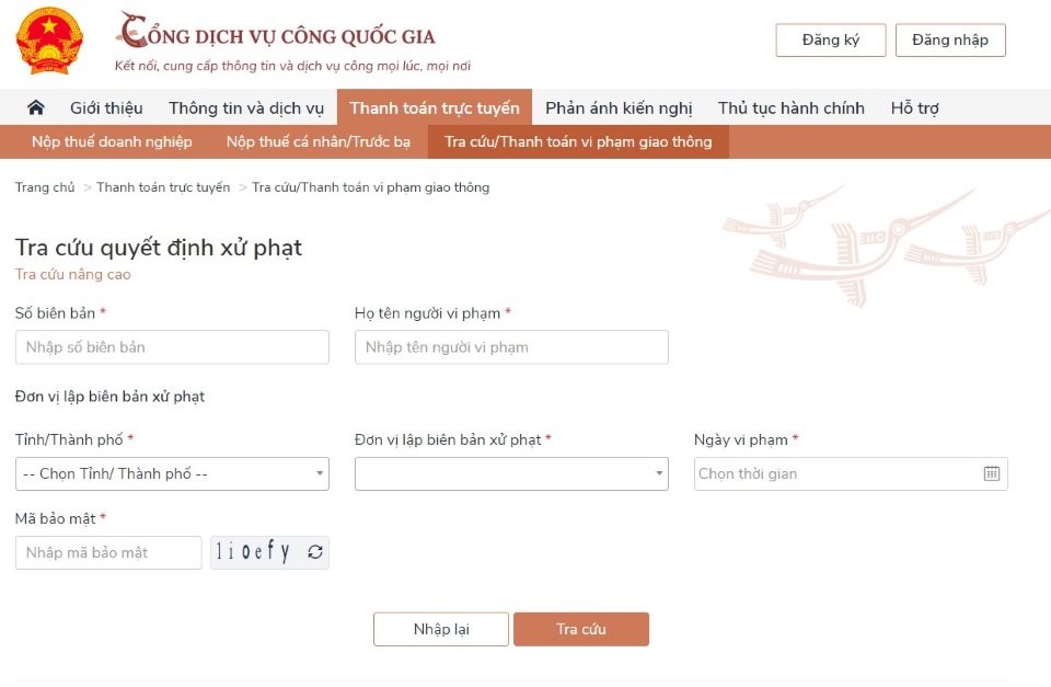 Hướng dẫn nộp tiền phạt vi phạm giao thông qua Cổng Dịch vụ công quốc gia