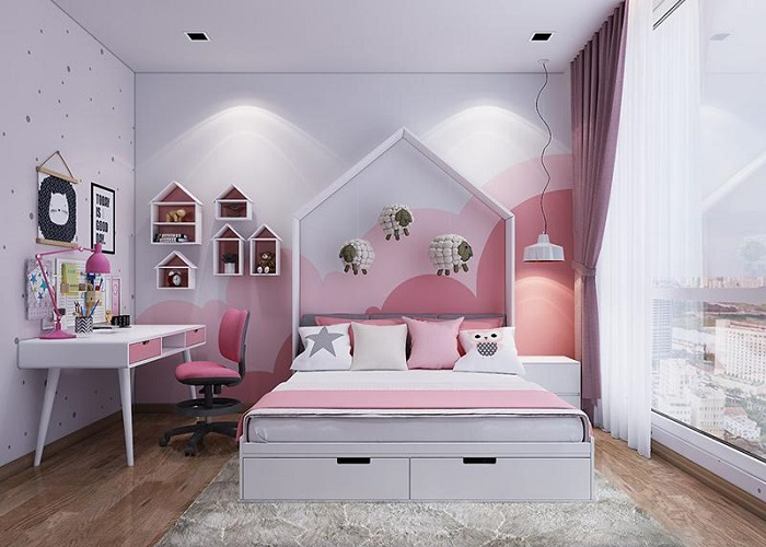 Thiết kế phòng ngủ 15m2 thích hợp cho bé gái màu trắng hồng xinh xắn