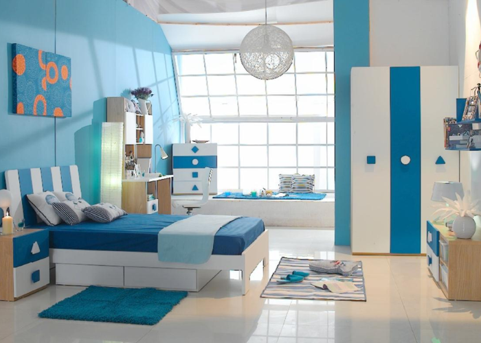 Bố trí phòng ngủ bé trai với tông màu trắng xanh 15 mét vuông
