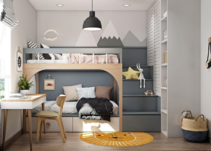 Thiết kế phòng ngủ đẹp 15m2 cho gia đình có 2 con với giường tầng tạo hình ấn tượng
