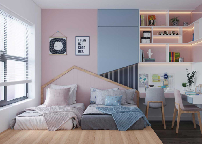 Thiết kế phòng ngủ đẹp 15m2 cho gia đình có 2 con sự kết hợp hoàn hảo giữa 2 màu xanh và hồng
