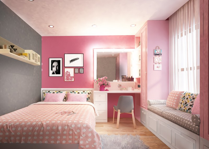Phòng ngủ thiết kế 15m2 màu hồng phù hợp cho bé gái thích sự nhẹ nhàng